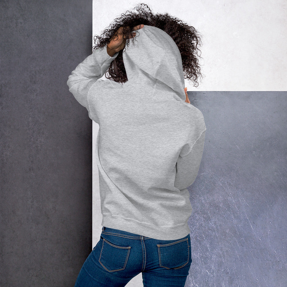 Hellgrauer Hoodie, Rückansicht mit Kapuze und Kängurutasche