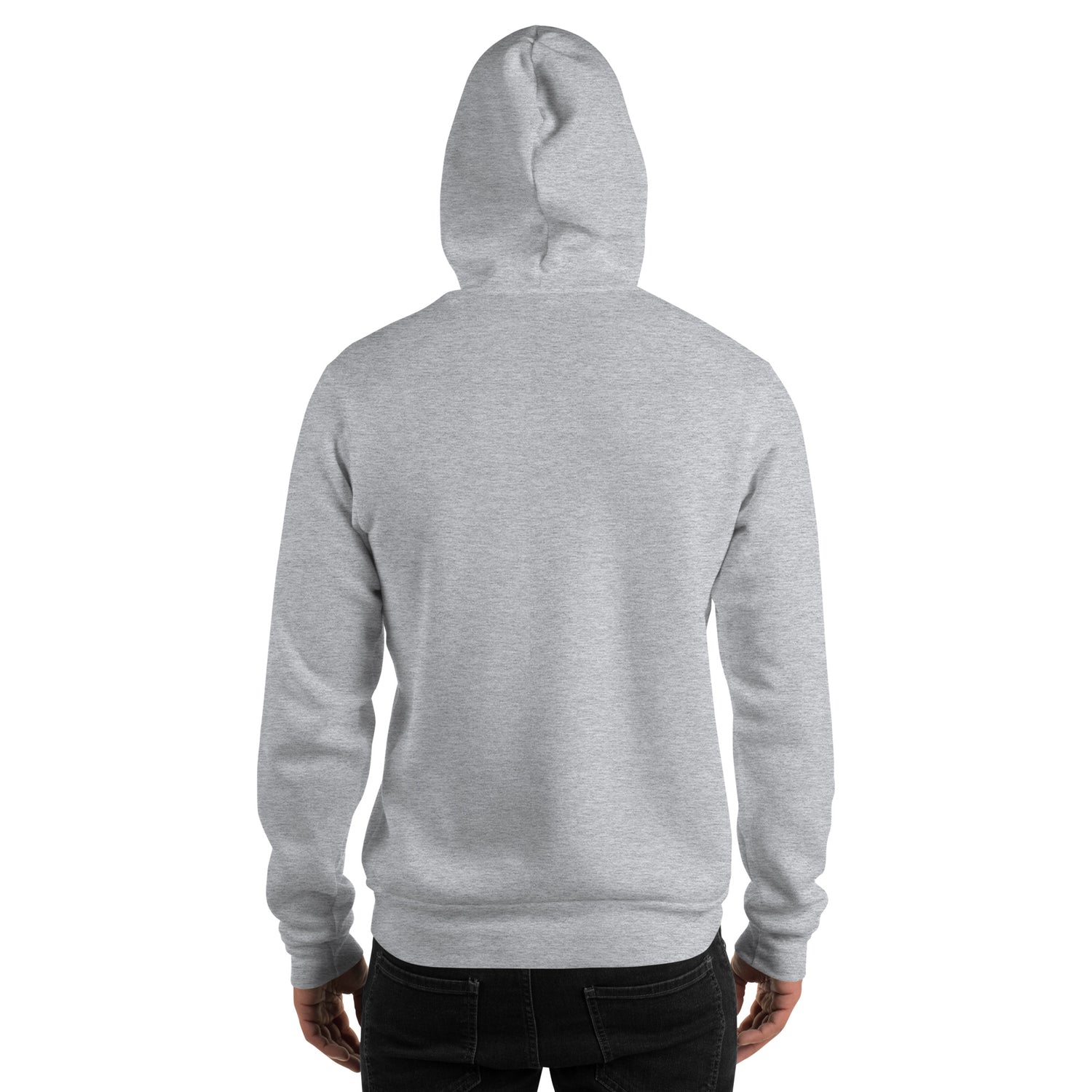 Light gray unisex pullover hoodie, back view with hood and full-length sleeves