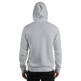 Light gray unisex pullover hoodie, back view with hood and full-length sleeves