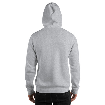 Light gray unisex pullover hoodie, back view with hood and full-length sleeves