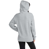 Sport gray pullover hoodie with attached hood and kangaroo pocket; view from the back/side.