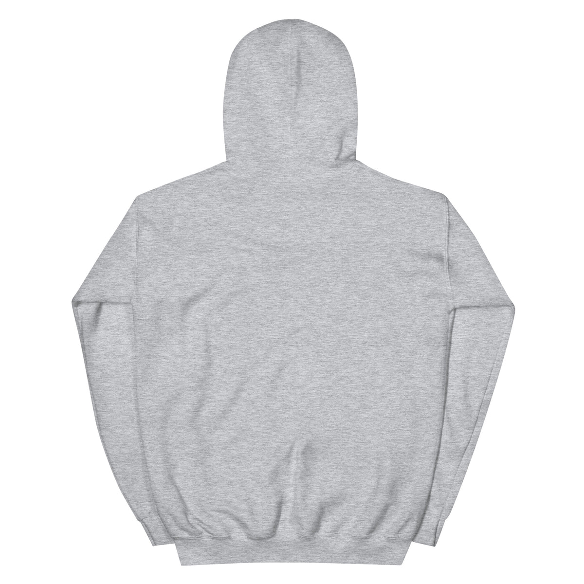 Unisex pullover hoodie in light gray, back view with hood and drawstring