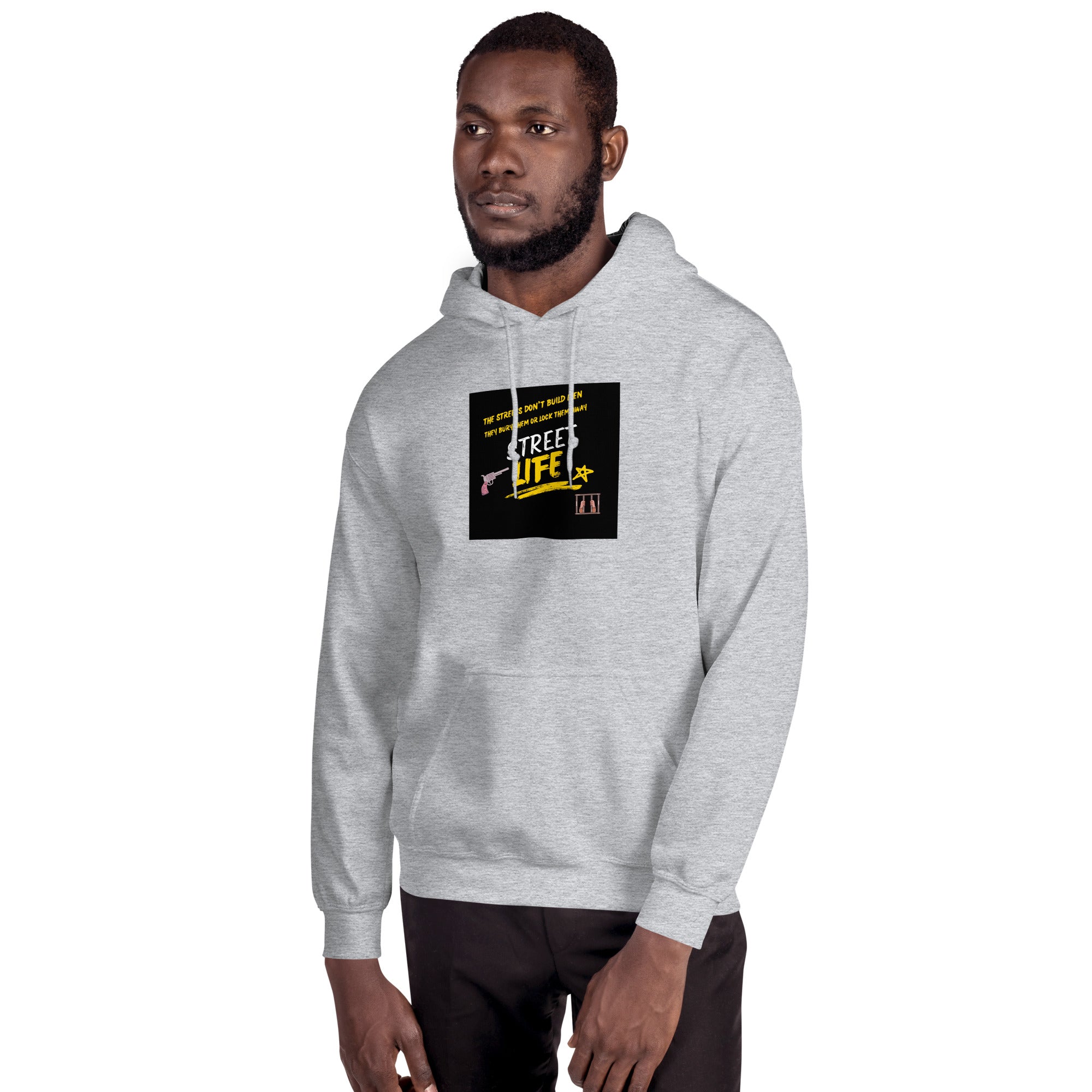 Street Life unisex hoodie in light heather gray, front chest graphic