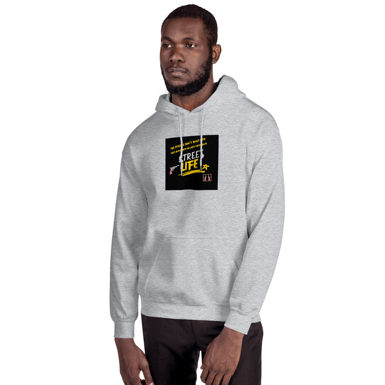Unisex gray hoodie with hood and front logo graphic patch