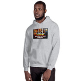Unisex pullover hoodie in light gray, with hood and front graphic print