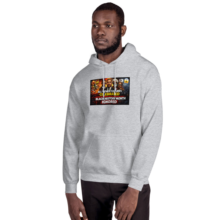 Unisex pullover hoodie in light gray, with hood and front graphic print