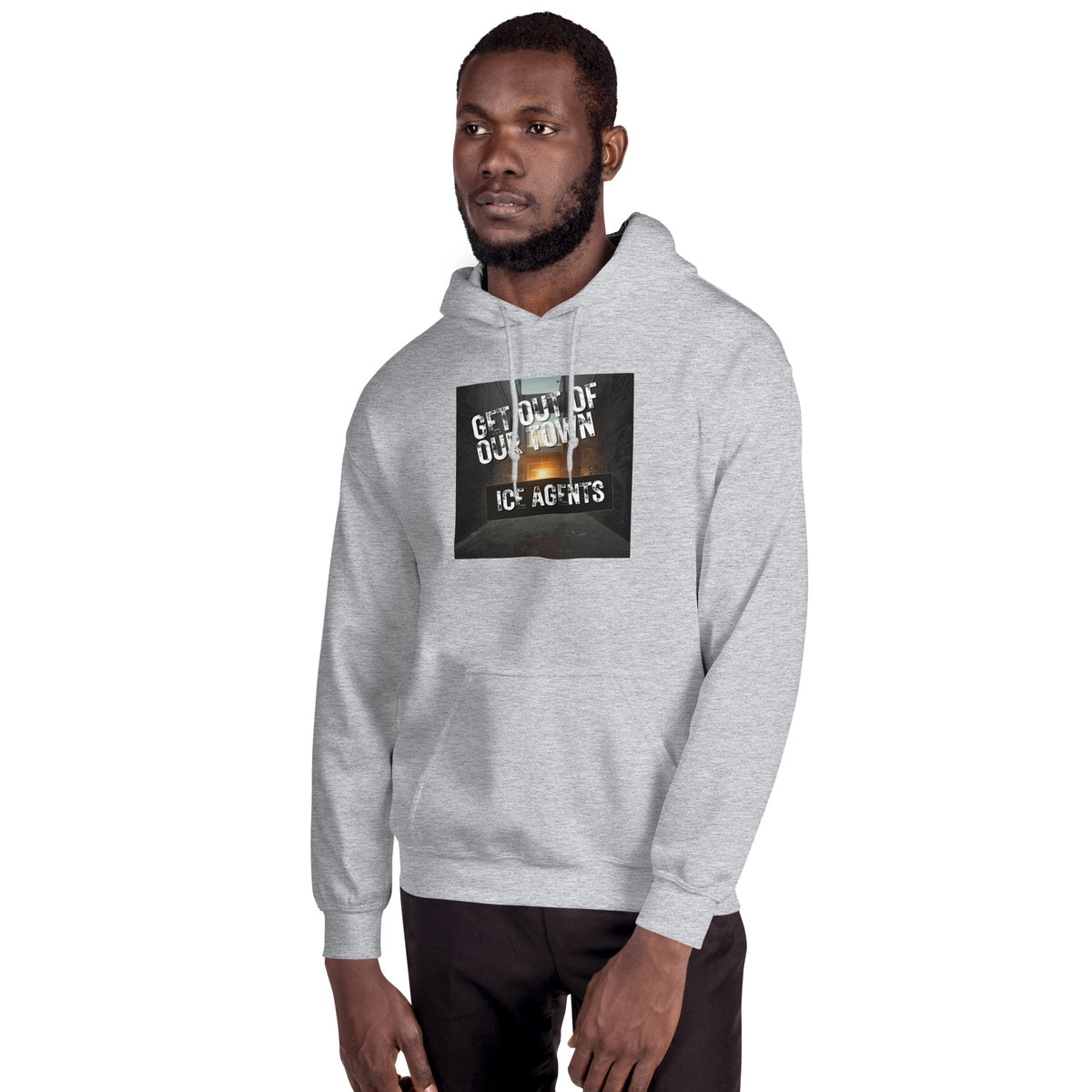 Heather gray pullover hoodie with front “ICE AGENTS” graphic and kangaroo pocket