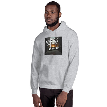 Heather gray pullover hoodie with front “ICE AGENTS” graphic and kangaroo pocket
