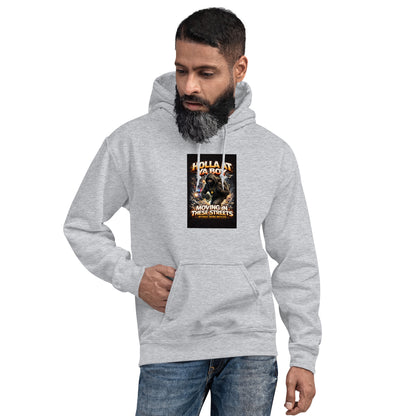 Light heather gray unisex hoodie with front graphic print and kangaroo pocket