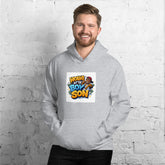 Unisex gray hoodie with front graphic print, kangaroo pocket, hood