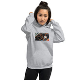 Unisex pullover hoodie, light gray, front graphic print, drawstring hood, kangaroo pocket