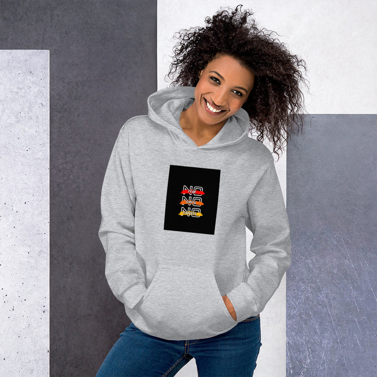 Unisex light gray hoodie with hood, kangaroo pocket, and square chest graphic.