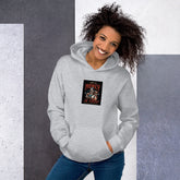 Unisex light heather gray hoodie with front graphic and kangaroo pocket, long sleeves
