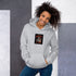Unisex light heather gray hoodie with front graphic and kangaroo pocket, long sleeves