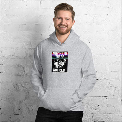 Unisex hoodie, light gray, front view with hood and square chest slogan graphic