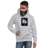 Unisex light gray pullover hoodie with front pocket and printed chest graphic