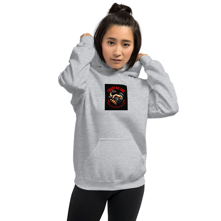 Sport grey unisex hoodie with hood, kangaroo pocket, and logo graphic on chest.