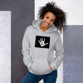 Unisex light heather hoodie with front handprint graphic and kangaroo pocket