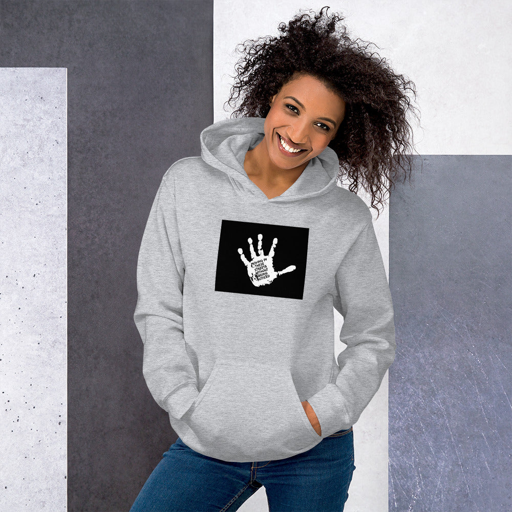 Unisex hoodie in light gray, black chest graphic, hood and kangaroo pocket