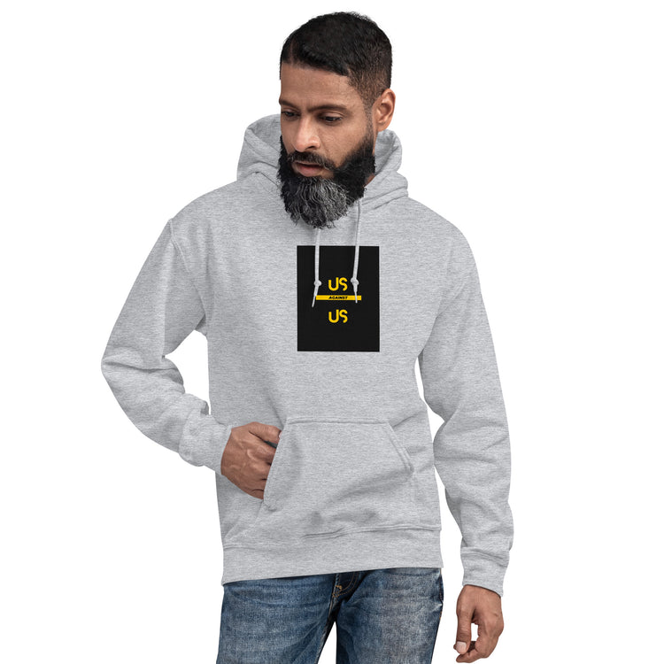 Unisex light gray hoodie with front kangaroo pocket and chest graphic print