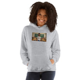 Light gray unisex hoodie, front view with hood and chest graphic