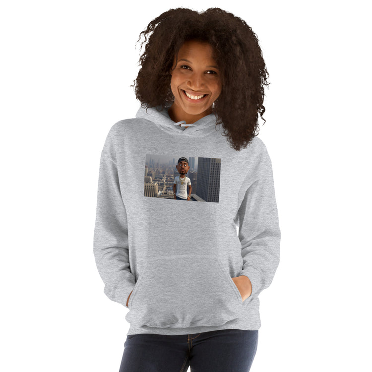 Unisex heather gray hoodie with hood, kangaroo pocket, and chest graphic print.
