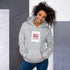 Unisex hoodie in light heather gray with front graphic patch and kangaroo pocket.