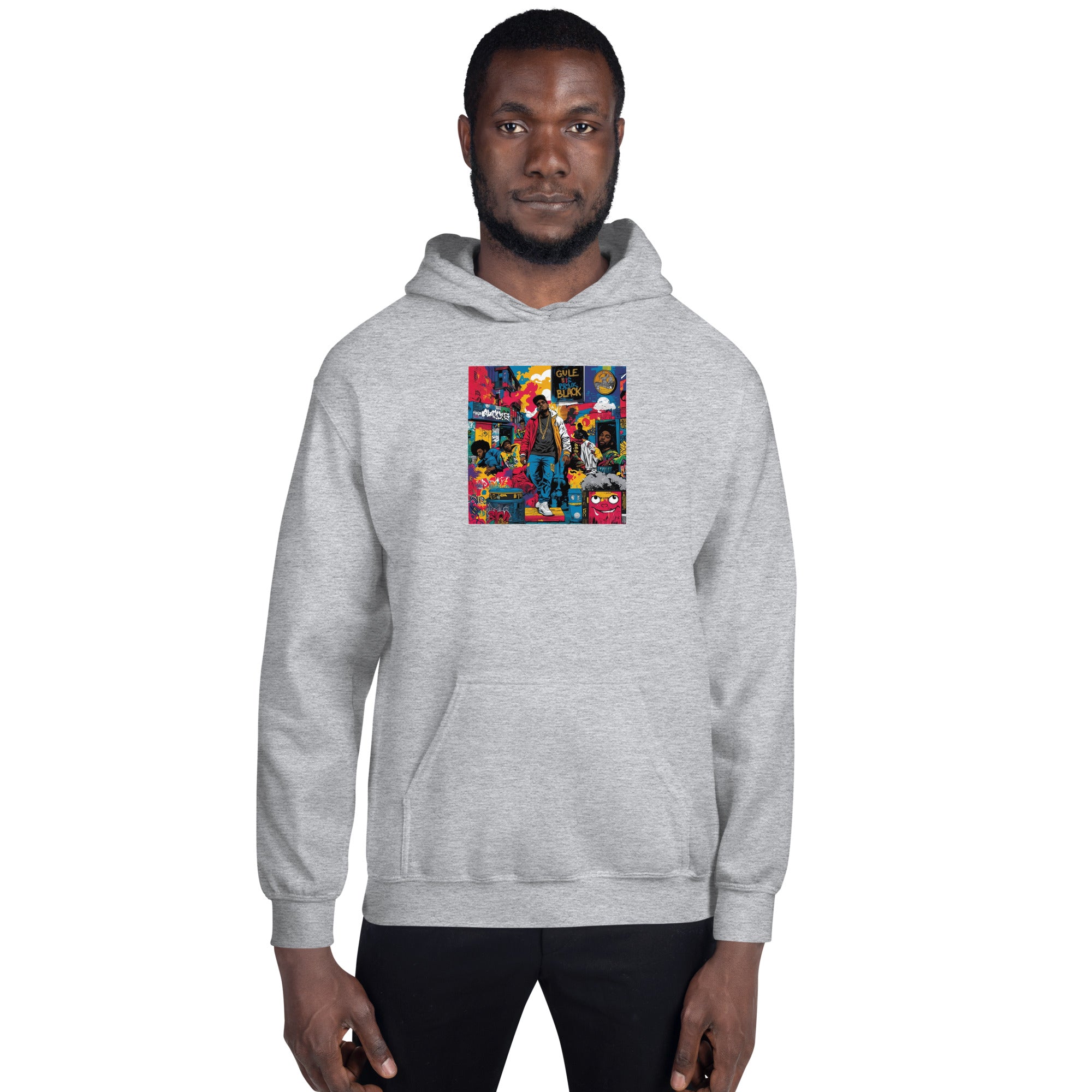 Heather gray unisex hoodie with front graphic print and kangaroo pocket