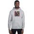 Light gray unisex pullover hoodie with colorful chest graphic, front view and hood