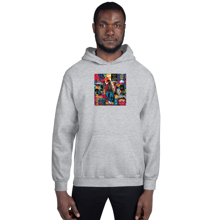 Light gray unisex pullover hoodie with colorful chest graphic, front view and hood