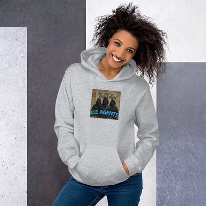 Unisex hoodie in light gray with “ICE AGENTS” front graphic