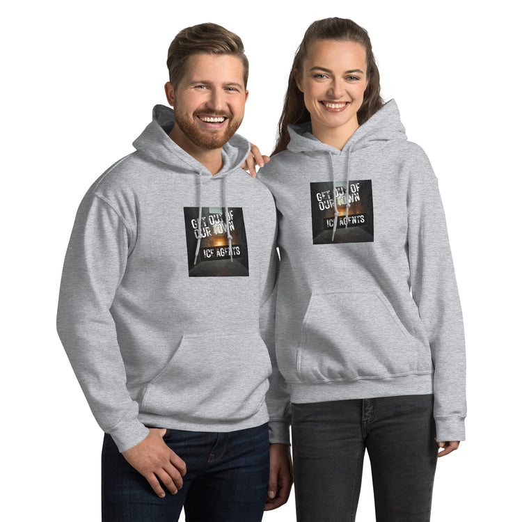 Unisex hoodie in light gray with front logo graphic, pullover hood, and kangaroo pocket