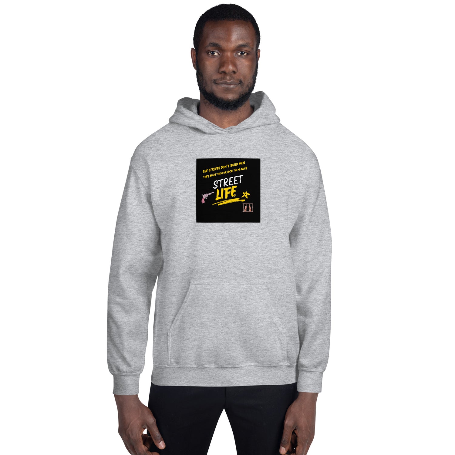 Light heather gray hoodie with street-life graphic on chest and kangaroo pocket