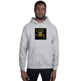 Unisex gray pullover hoodie, front view with hood and logo graphic
