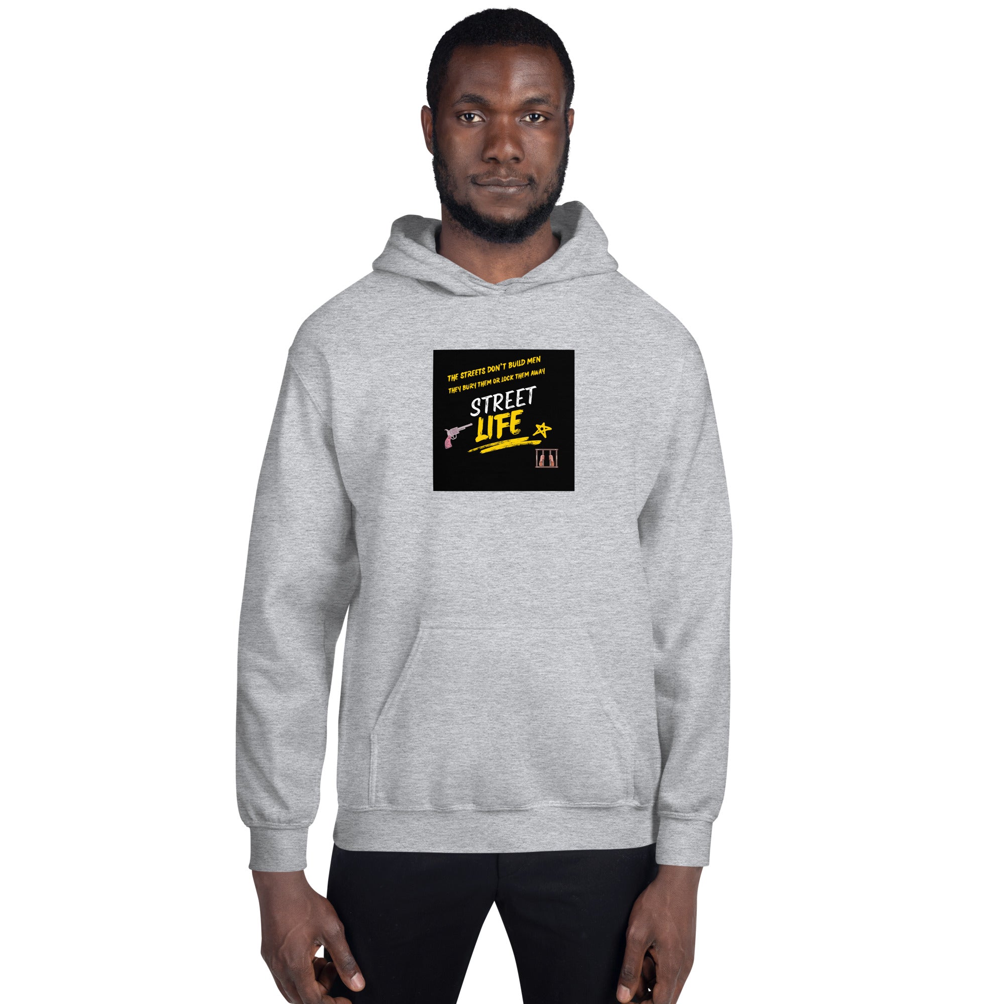 Light heather gray hoodie with street-life graphic on chest and kangaroo pocket