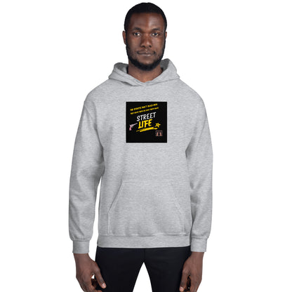 Light heather gray hoodie with street-life graphic on chest and kangaroo pocket