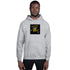 Unisex gray pullover hoodie, front view with hood and logo graphic