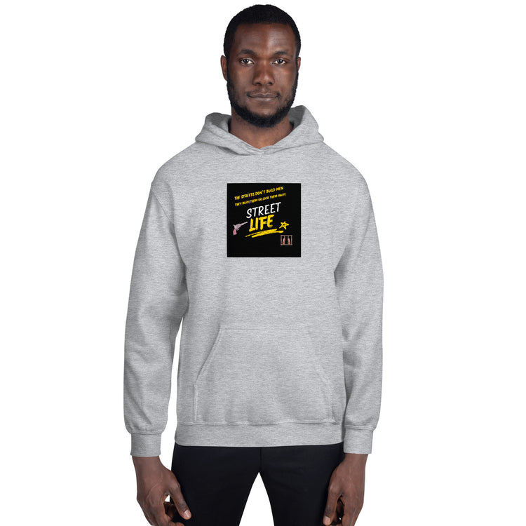 Unisex gray pullover hoodie, front view with hood and logo graphic
