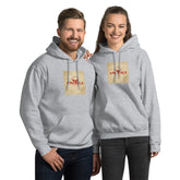 Light gray unisex hoodie with front pocket and hood, graphic chest print