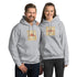Light gray unisex hoodie with front pocket and hood, graphic chest print