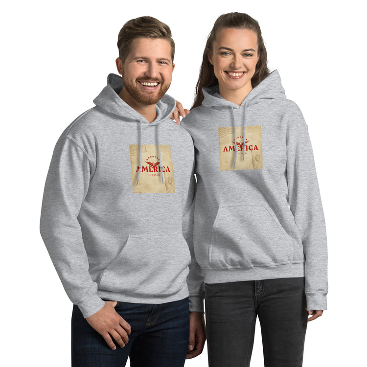 Light gray unisex hoodie with front pocket and hood, graphic chest print