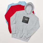 Light gray hoodie with front graphic label reading “LYRIC”