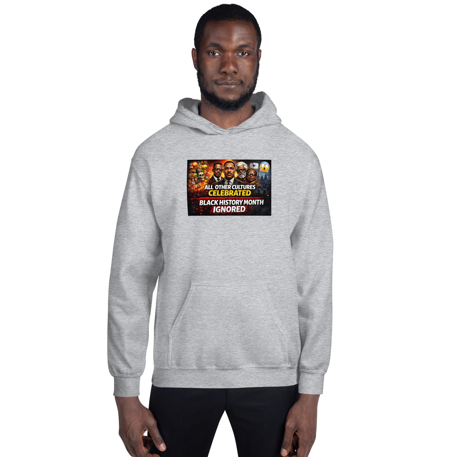 Sport grey hoodie front view with colorful graphic and kangaroo pocket