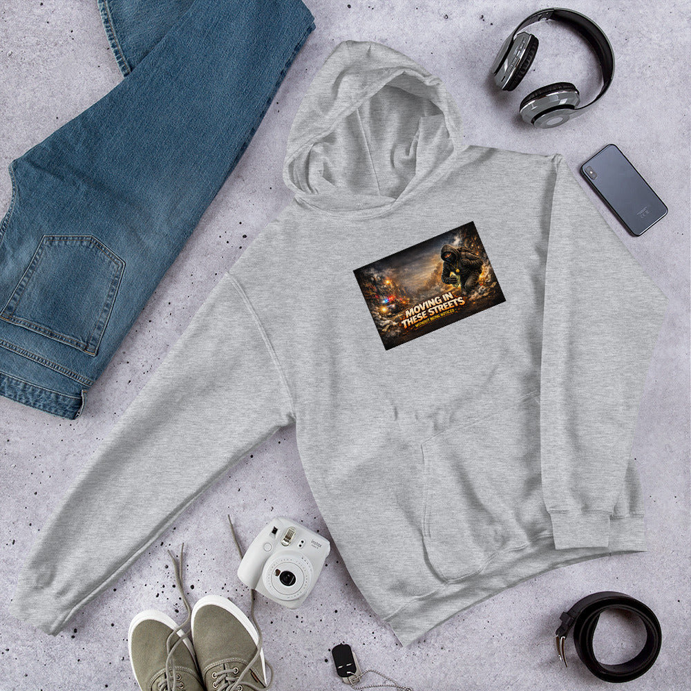 Ash gray unisex hoodie with front graphic print, kangaroo pocket, drawstring hood