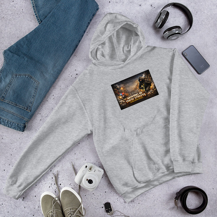 Unisex ash gray hoodie with chest graphic and front kangaroo pocket