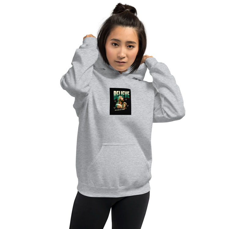 Light gray unisex hoodie with front pocket and square chest graphic