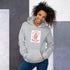 Unisex light gray hoodie with front graphic and kangaroo pocket, drawstring hood