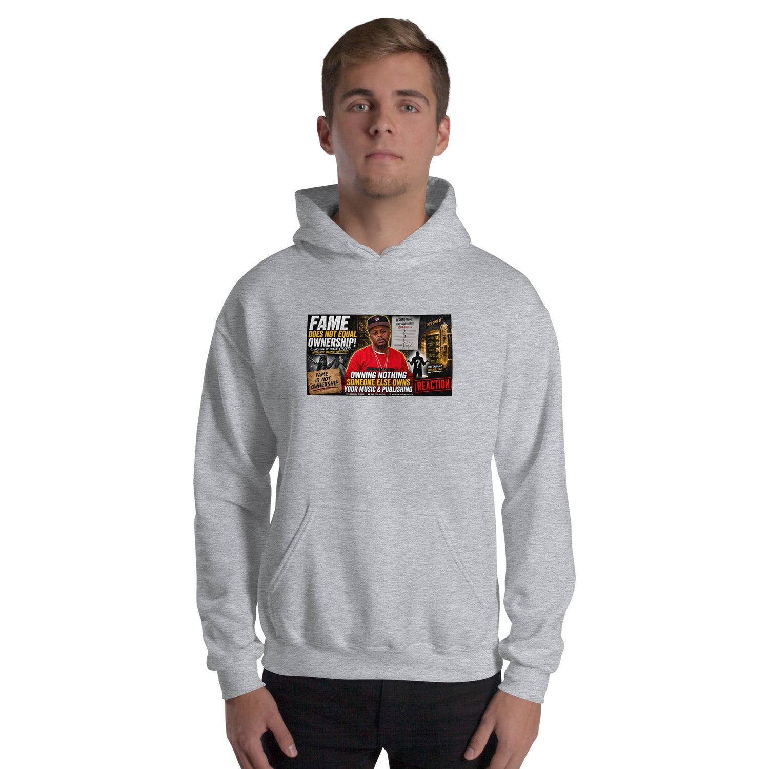 Light gray unisex pullover hoodie, front view with hood and chest graphic print