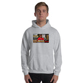 Light gray unisex pullover hoodie, front view with hood and chest graphic print