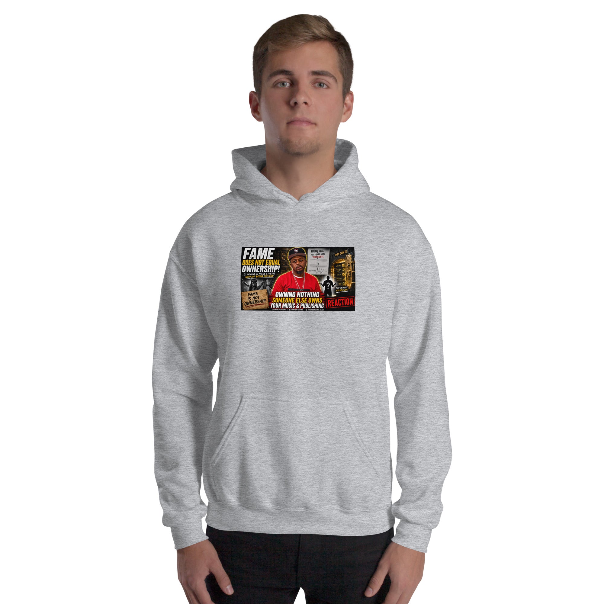 Light gray unisex pullover hoodie, front view with hood and chest graphic print